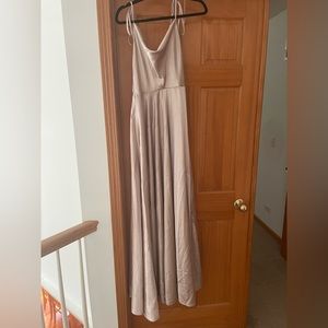 Maxi satin dress, ties at shoulders, slit in the leg, slight cowl neck